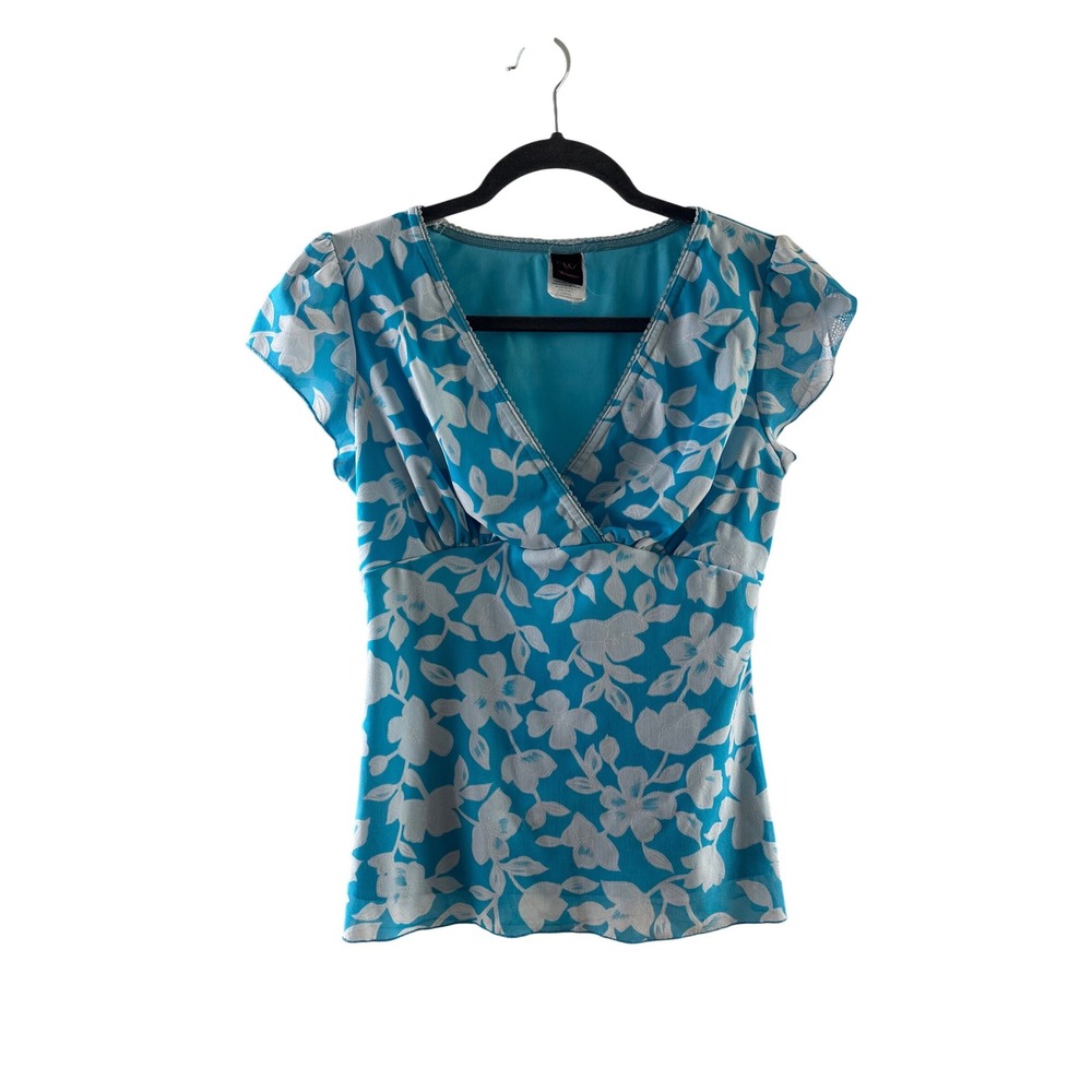 Wrapper Turquoise Y2K Floral Print Cap Sleeve V Neck Top Women's Large‎
